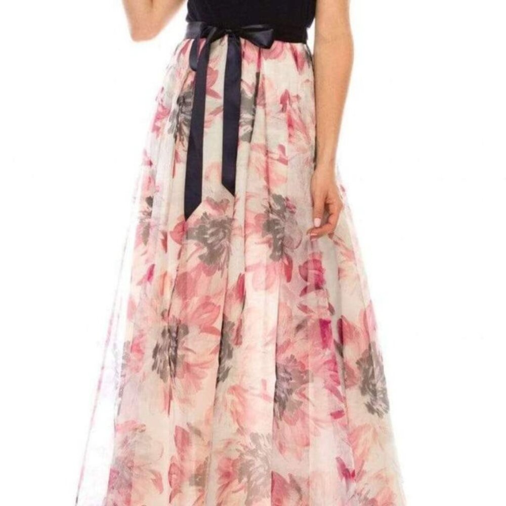 SLNY - 9141152 LONG HALTER Solid BODICE FLORAL A-LINE Dress NWT Navy Purple Pink